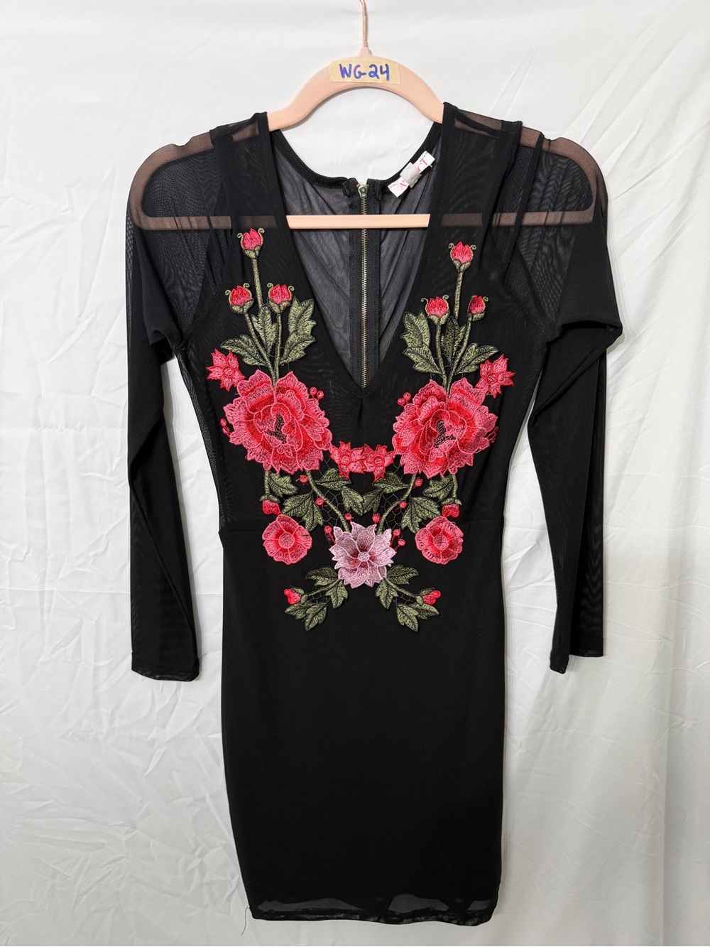 Women’s A’GACI Black Floral Embroidered Mesh Bodycon Dress Large